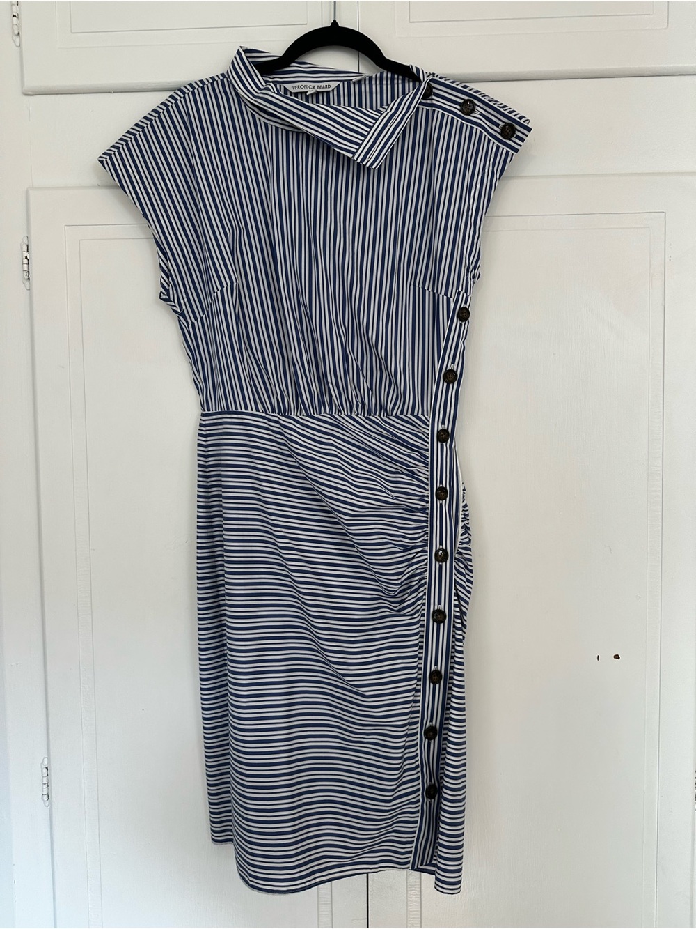 Veronica Beard Navy and White Striped Midi Dress with Button Placket